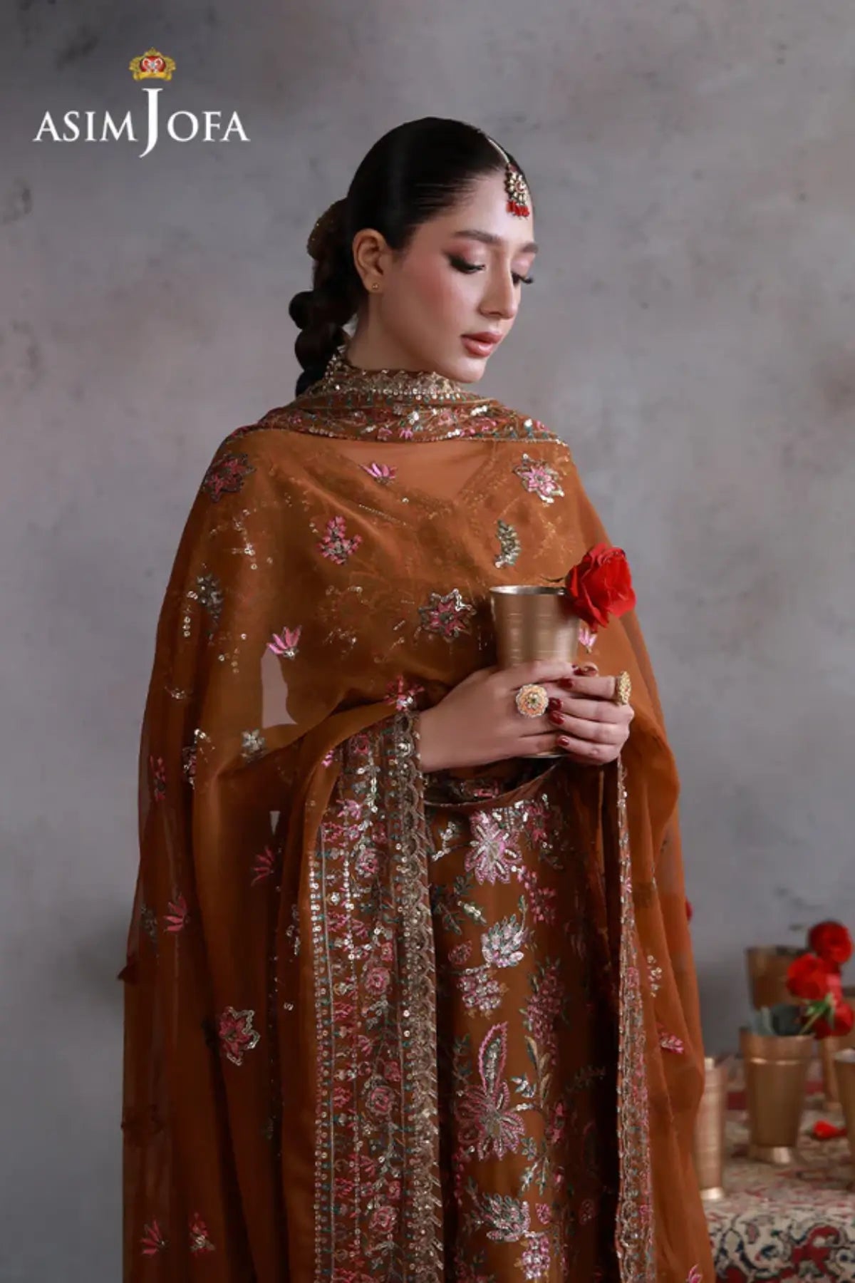 AJULN-03 Asim Jofa Wedding Festive Collection mustard stitched chiffon 3PC suit with dupatta and super silk trouser Pakistanimoda