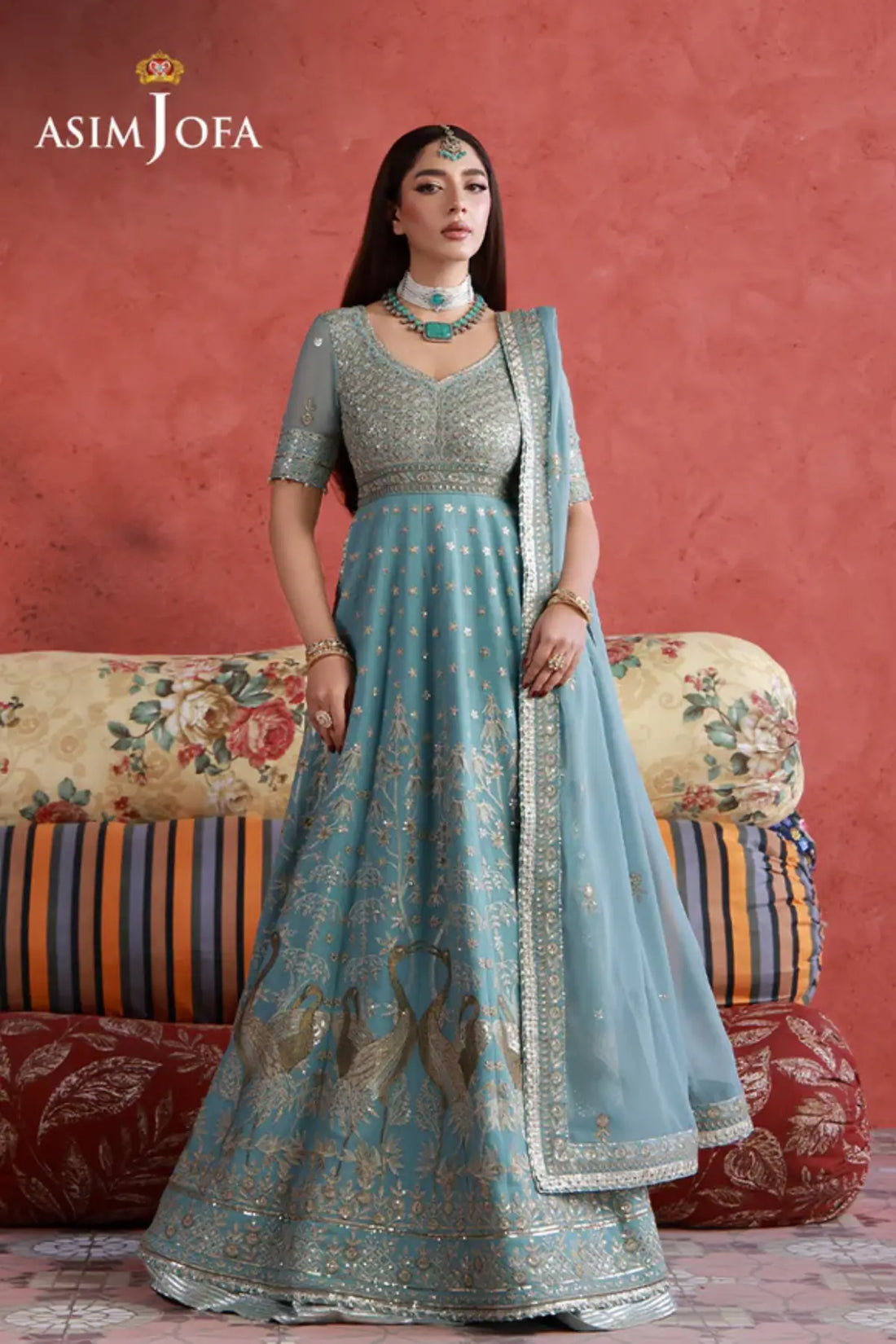 AJULN-04 Asim Jofa Wedding Festive Collection light blue stitched chiffon pishwas 3PC with dupatta and boski silk trouser