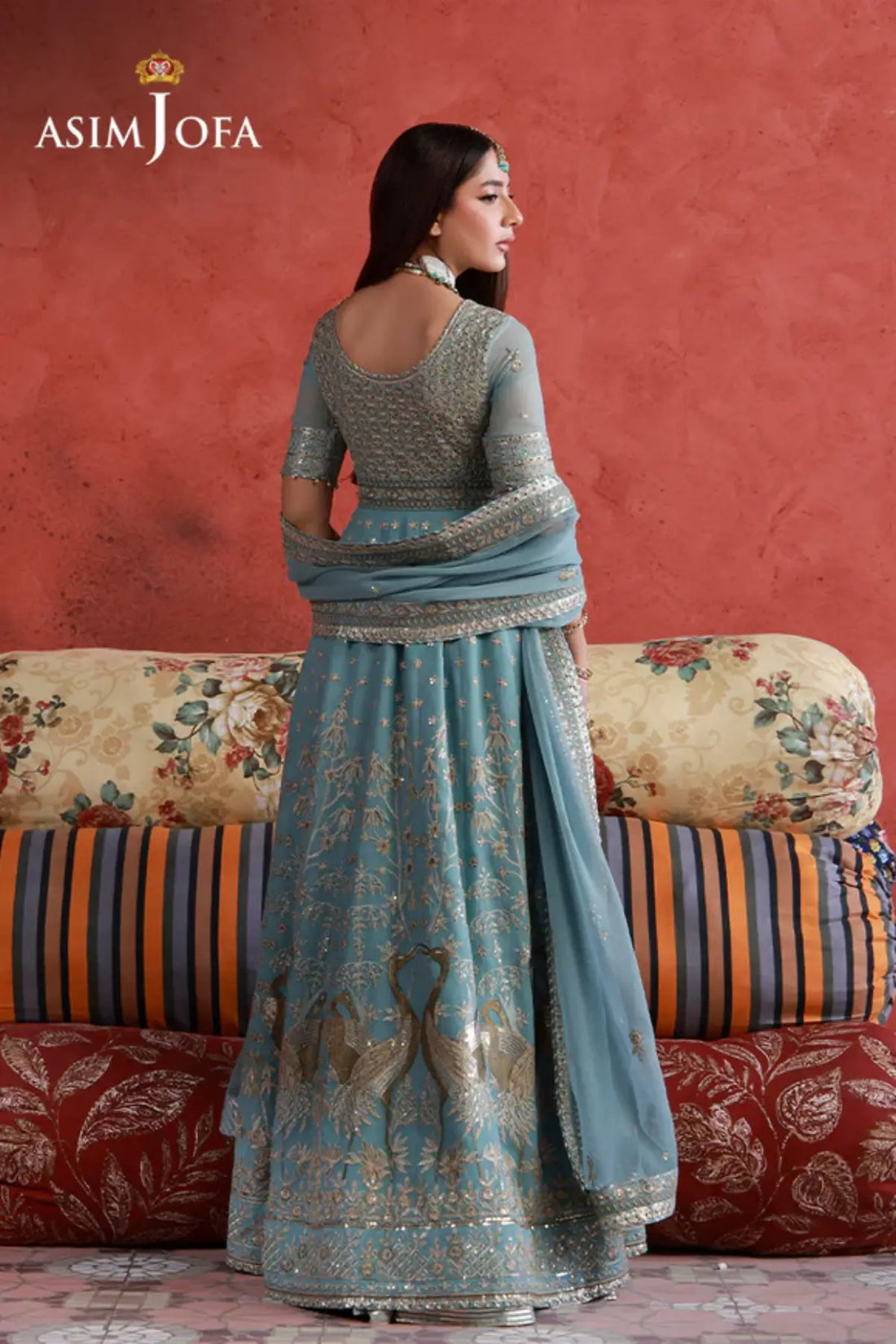 AJULN-04 Asim Jofa Wedding Festive Collection light blue stitched chiffon pishwas 3PC with dupatta and boski silk trouser