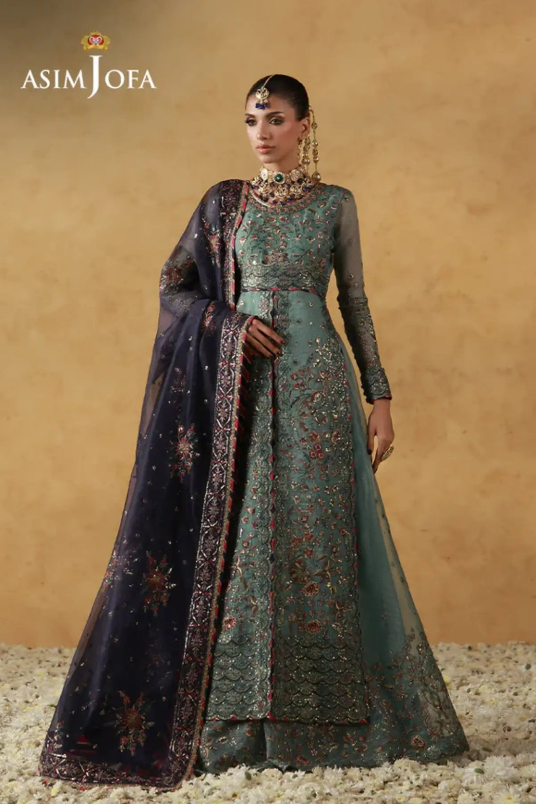 AJULN-05 Asim Jofa Wedding Festive Collection mint stitched javeria net 3PC suit with lehenga style lower and dupatta Pakistanimoda