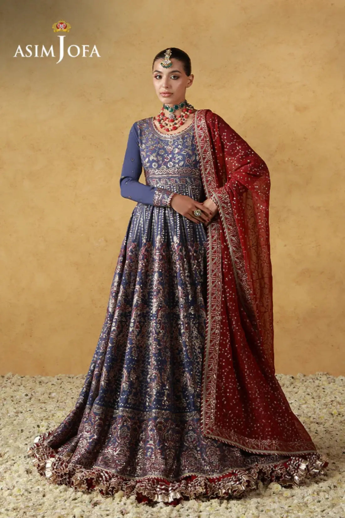 AJULN-06 Asim Jofa Wedding Festive Collection indigo stitched silk frock 3PC suit with chiffon dupatta Pakistanimoda