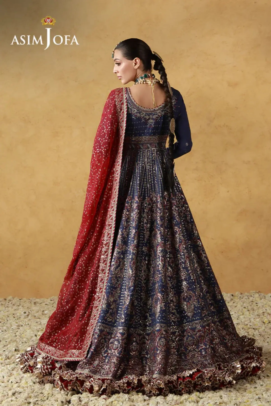 AJULN-06 Asim Jofa Wedding Festive Collection indigo stitched silk frock 3PC suit with chiffon dupatta Pakistanimoda