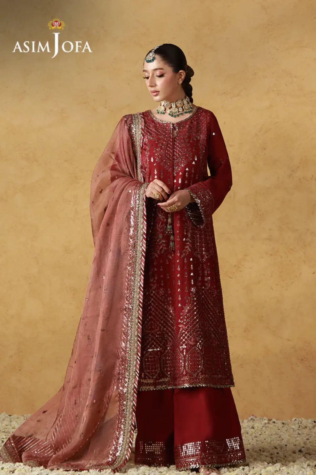 AJULN-07 Asim Jofa Wedding Festive Collection maroon stitched cotton silk 3PC suit with soft net dupatta Pakistanimoda