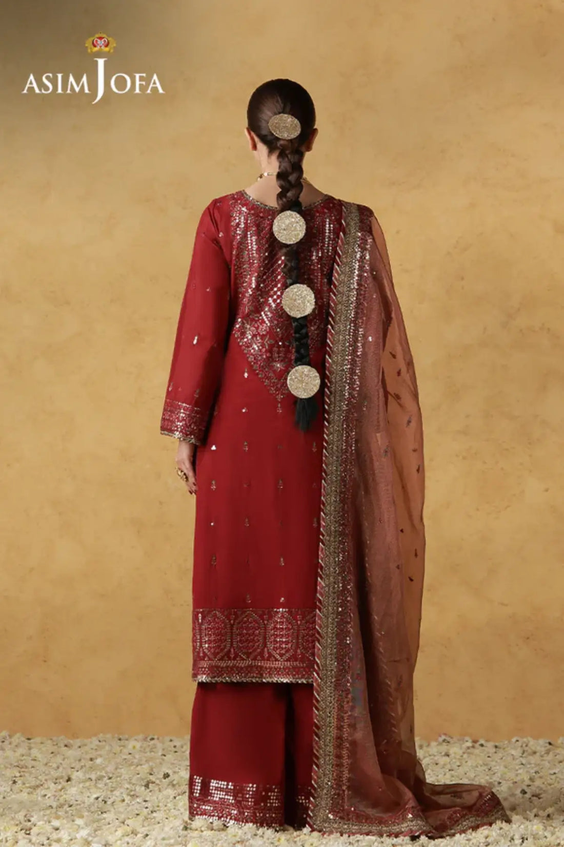 AJULN-07 Asim Jofa Wedding Festive Collection maroon stitched cotton silk 3PC suit with soft net dupatta Pakistanimoda