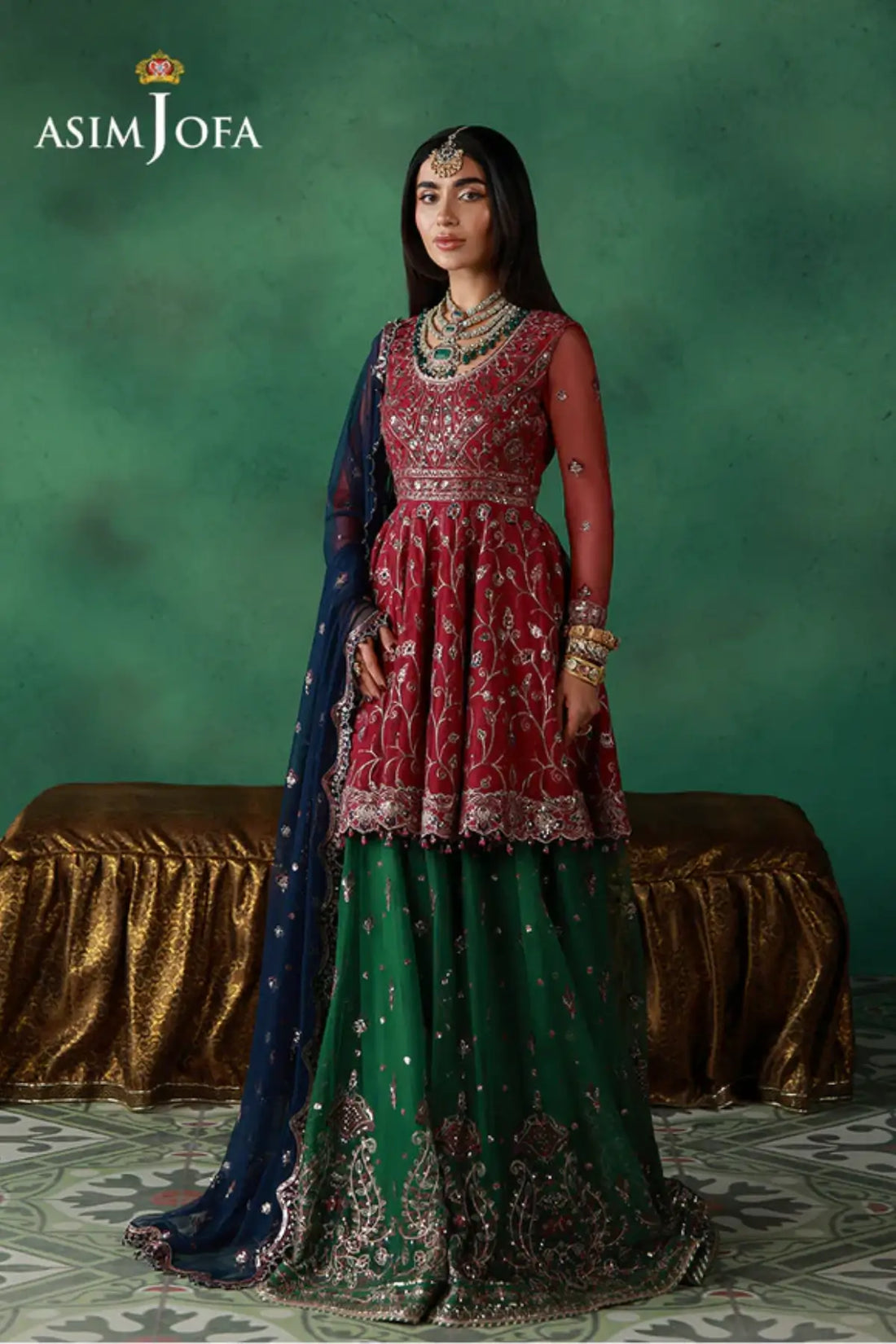 AJULN-08 Asim Jofa Wedding Festive Collection magenta stitched net peplum 3PC outfit with lehenga style lower and dupatta Pakistanimoda