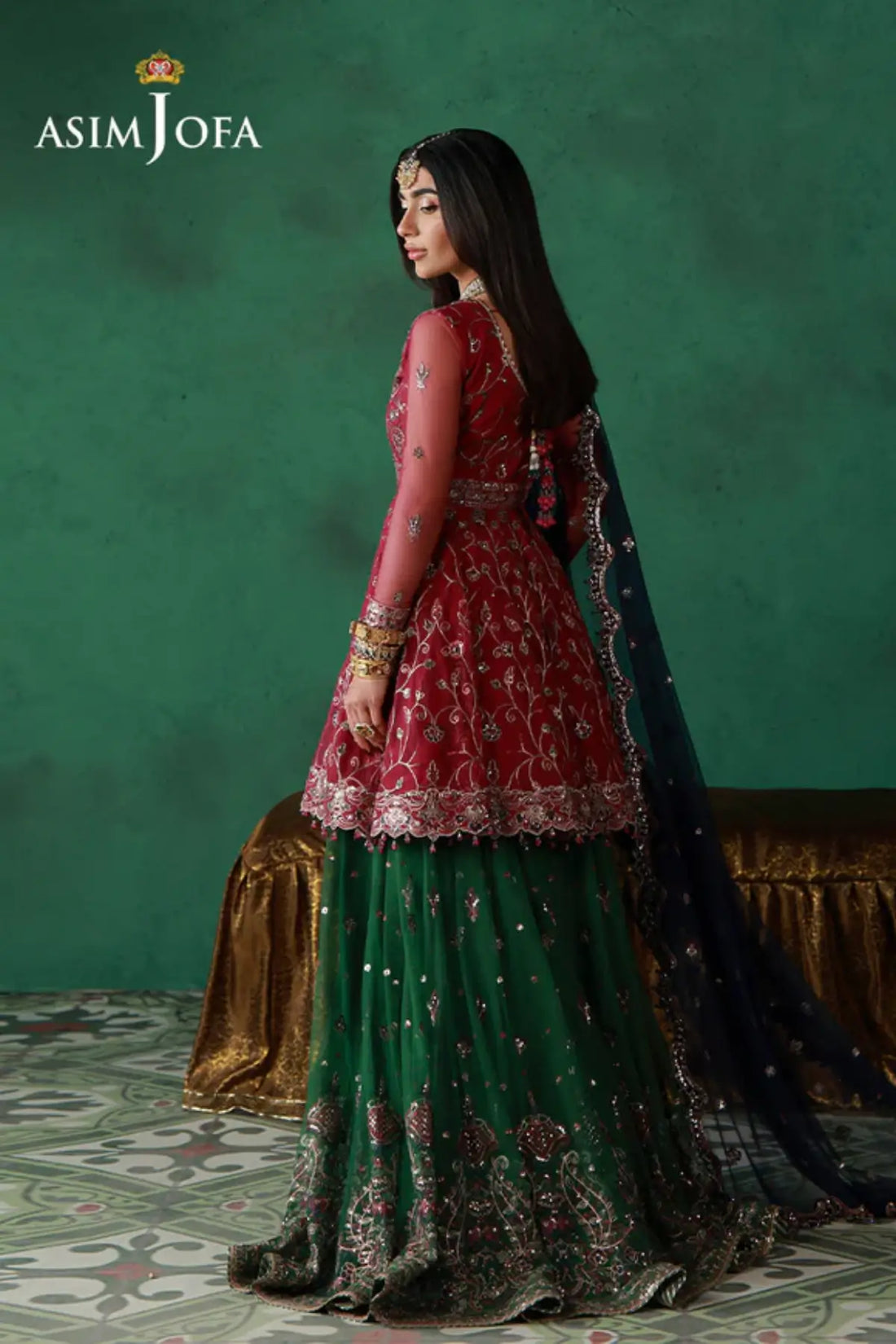 AJULN-08 Asim Jofa Wedding Festive Collection magenta stitched net peplum 3PC outfit with lehenga style lower and dupatta Pakistanimoda