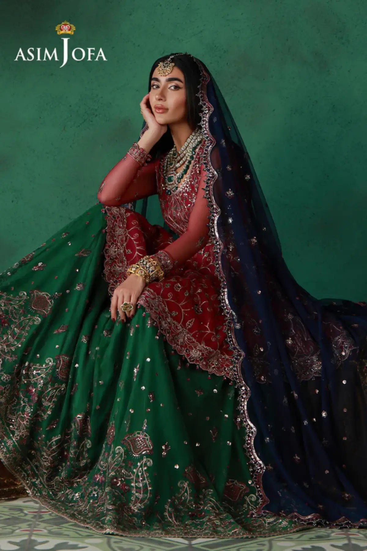 AJULN-08 Asim Jofa Wedding Festive Collection magenta stitched net peplum 3PC outfit with lehenga style lower and dupatta Pakistanimoda