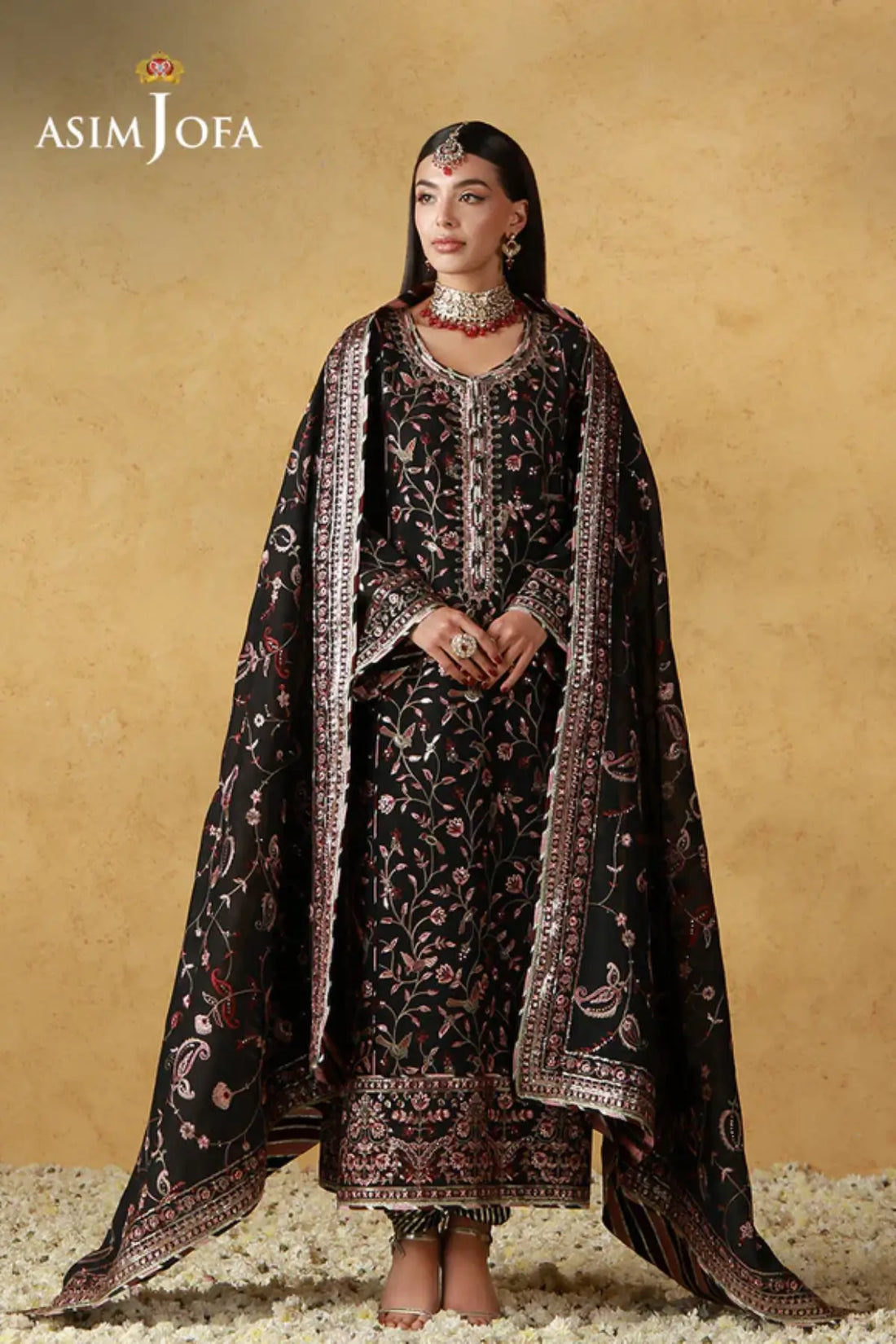 AJULN-09 Asim Jofa Wedding Festive Collection black stitched cotton net 3PC suit with dupatta and boski silk trouser Pakistanimoda