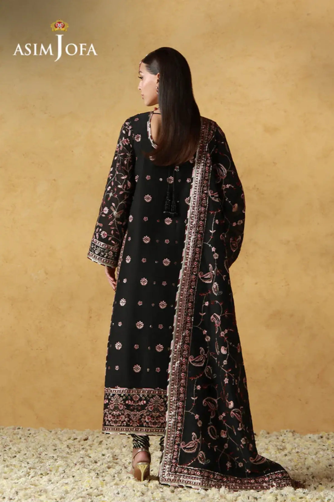 AJULN-09 Asim Jofa Wedding Festive Collection black stitched cotton net 3PC suit with dupatta and boski silk trouser Pakistanimoda