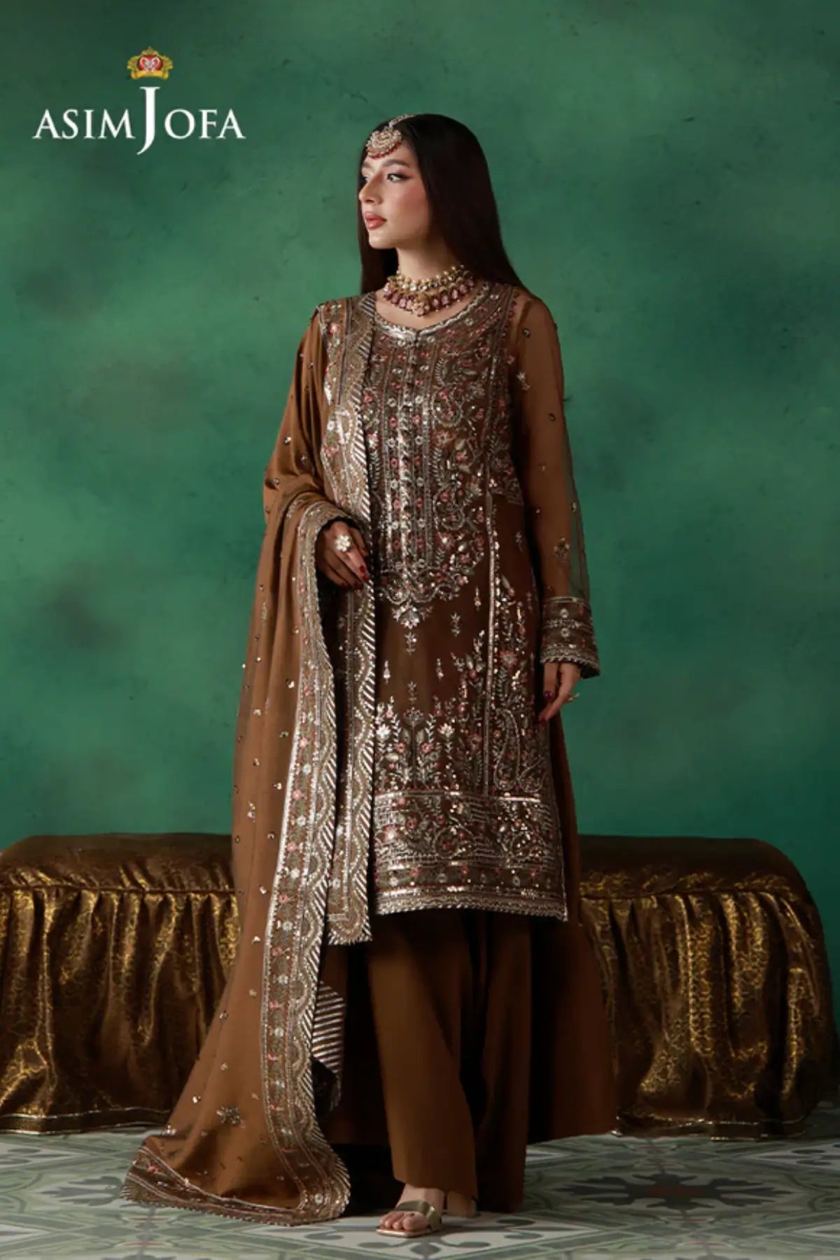 AJULN-10 Asim Jofa Wedding Festive Collection dull gold stitched net 3PC suit with cotton net dupatta and boski silk trouser Pakistanimoda