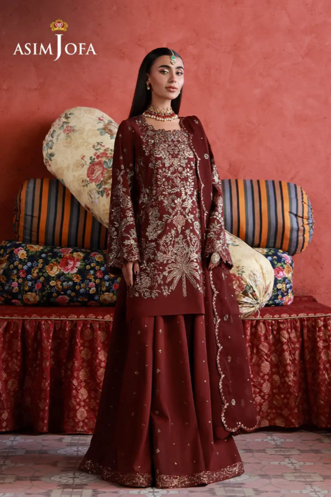AJULN-11 Asim Jofa Wedding Festive Collection maroon stitched cotton silk 3PC suit with chiffon dupatta and super silk trouser Pakistanimoda
