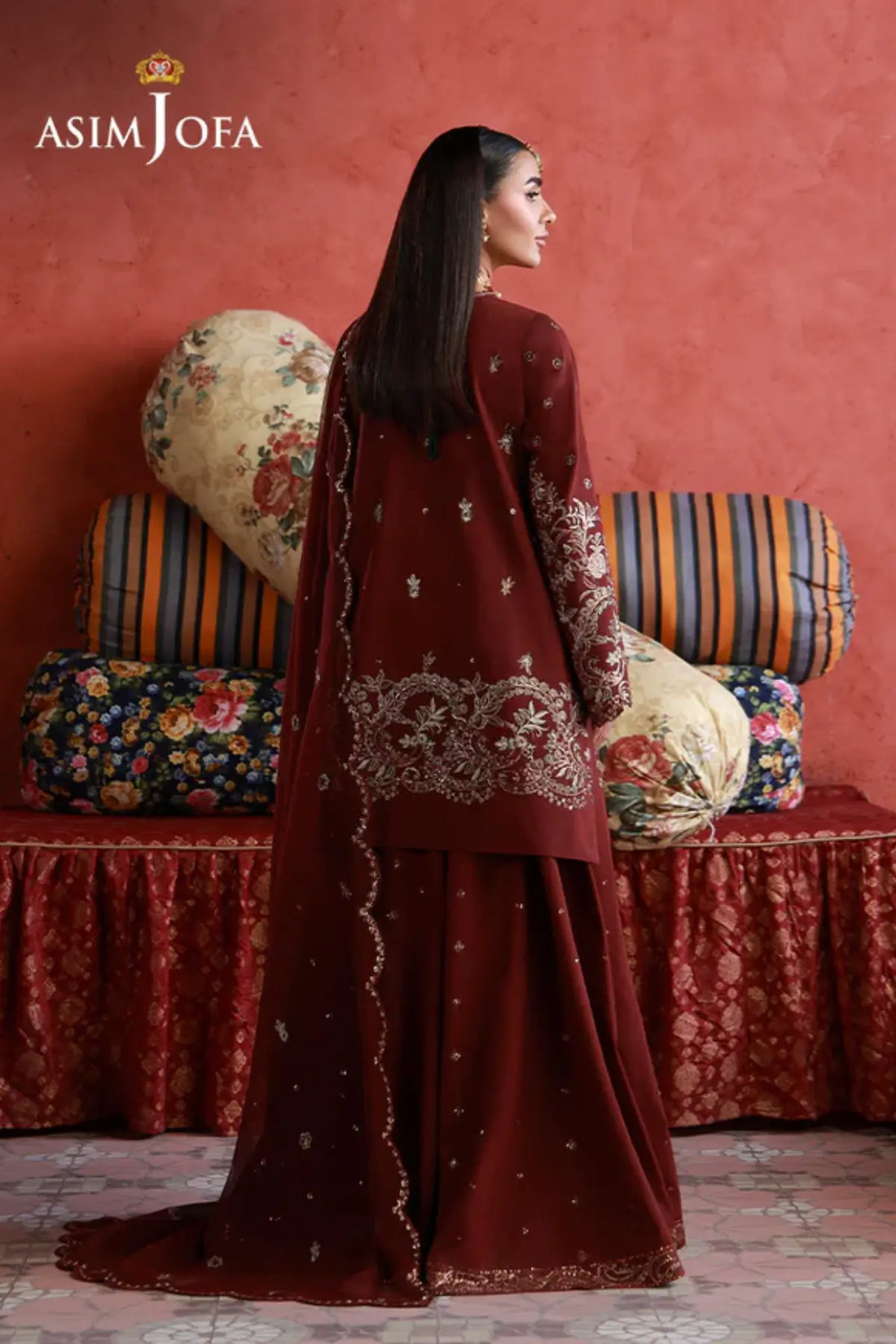 AJULN-11 Asim Jofa Wedding Festive Collection maroon stitched cotton silk 3PC suit with chiffon dupatta and super silk trouser Pakistanimoda