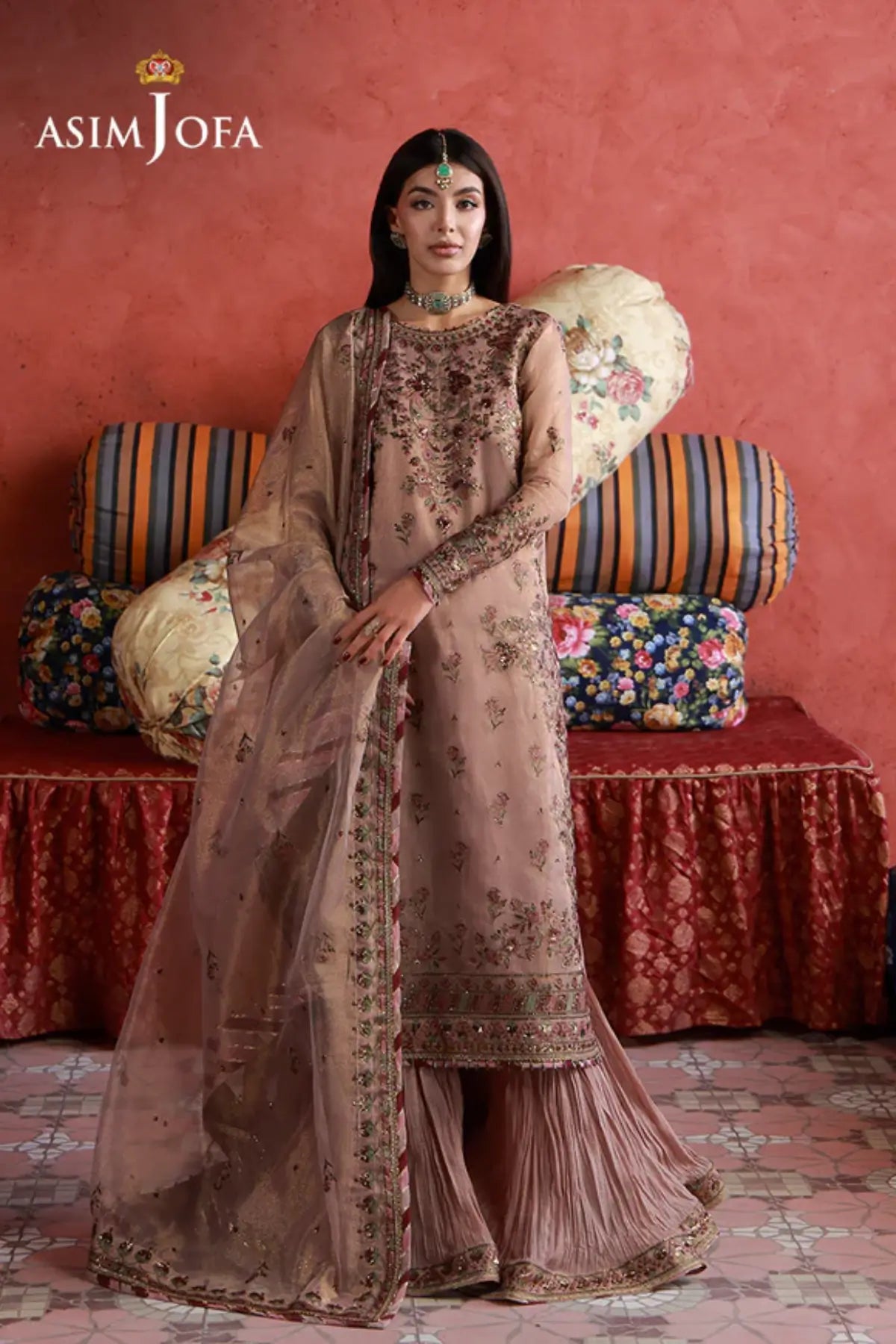 AJULN-12 Asim Jofa Wedding Festive Collection tea pink stitched zari check net 3PC suit with dupatta and paper cotton trouser Pakistanimoda