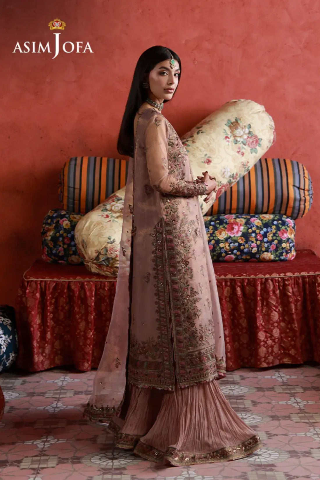AJULN-12 Asim Jofa Wedding Festive Collection tea pink stitched zari check net 3PC suit with dupatta and paper cotton trouser Pakistanimoda