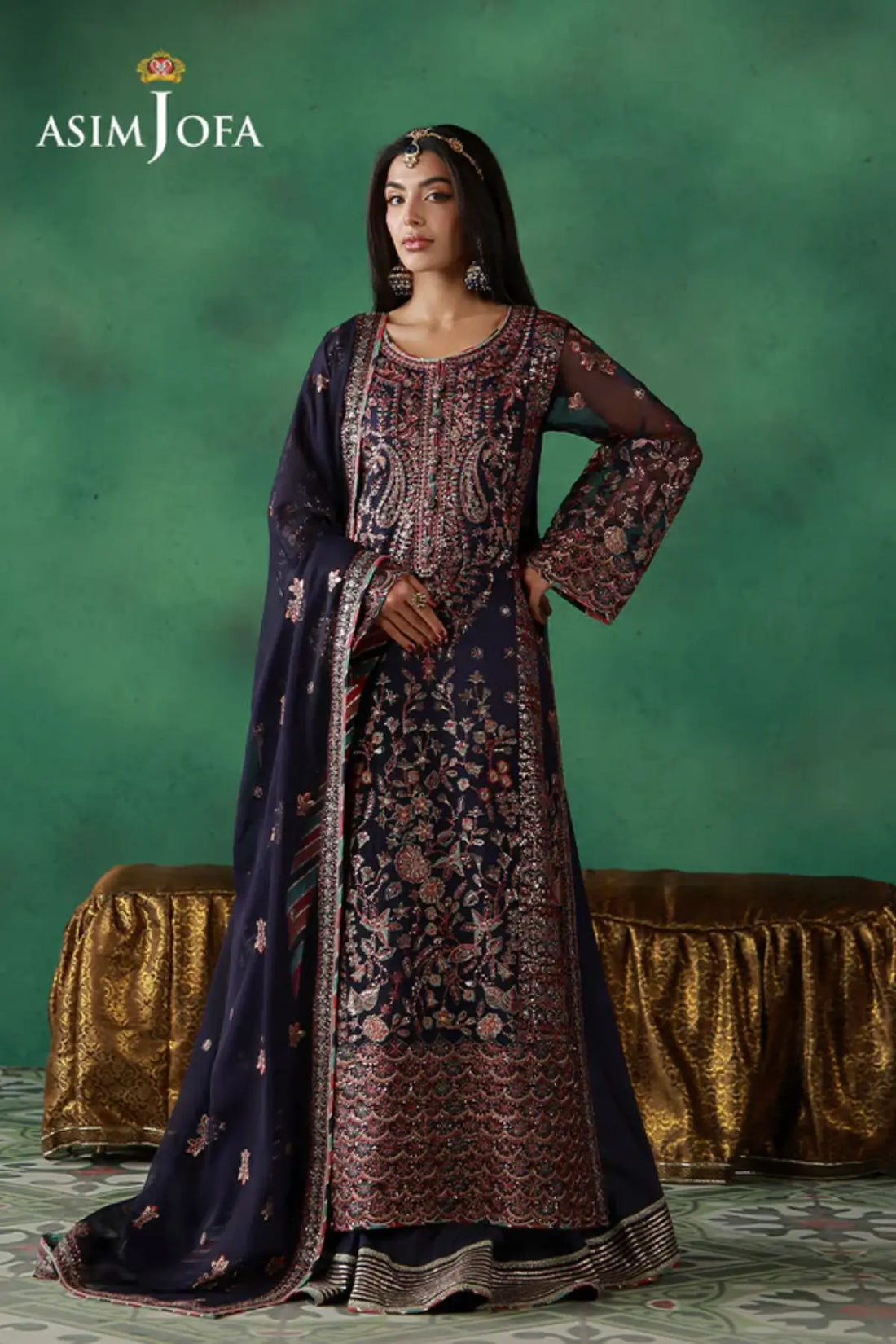 AJULN-13 Asim Jofa Wedding Festive Collection deep purple stitched javeria net 3PC suit with chiffon dupatta and boski silk trouser Pakistanimoda