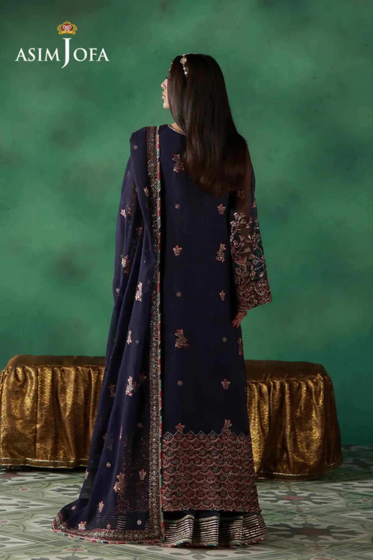 AJULN-13 Asim Jofa Wedding Festive Collection deep purple stitched javeria net 3PC suit with chiffon dupatta and boski silk trouser Pakistanimoda