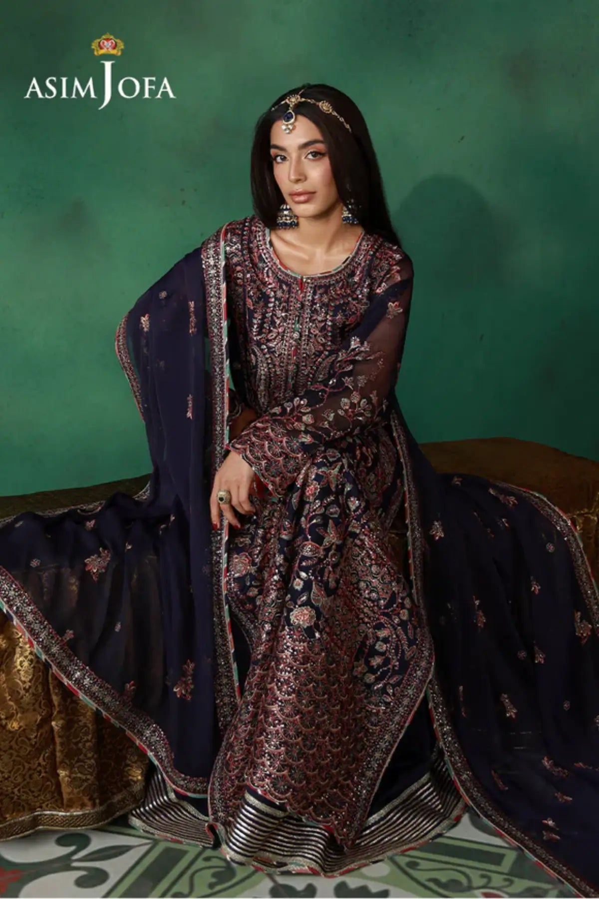 AJULN-13 Asim Jofa Wedding Festive Collection deep purple stitched javeria net 3PC suit with chiffon dupatta and boski silk trouser Pakistanimoda