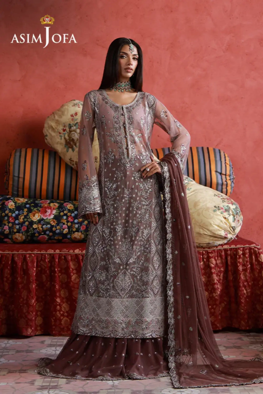 AJULN-14 Asim Jofa Wedding Festive Collection tea pink stitched net lehenga 3PC outfit with embroidered net dupatta Pakistanimoda