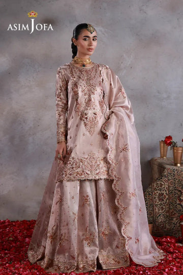 AJULN-15 Asim Jofa Wedding Festive Collection rose gold stitched zari tissue net 3PC suit with scalloped dupatta Pakistanimoda
