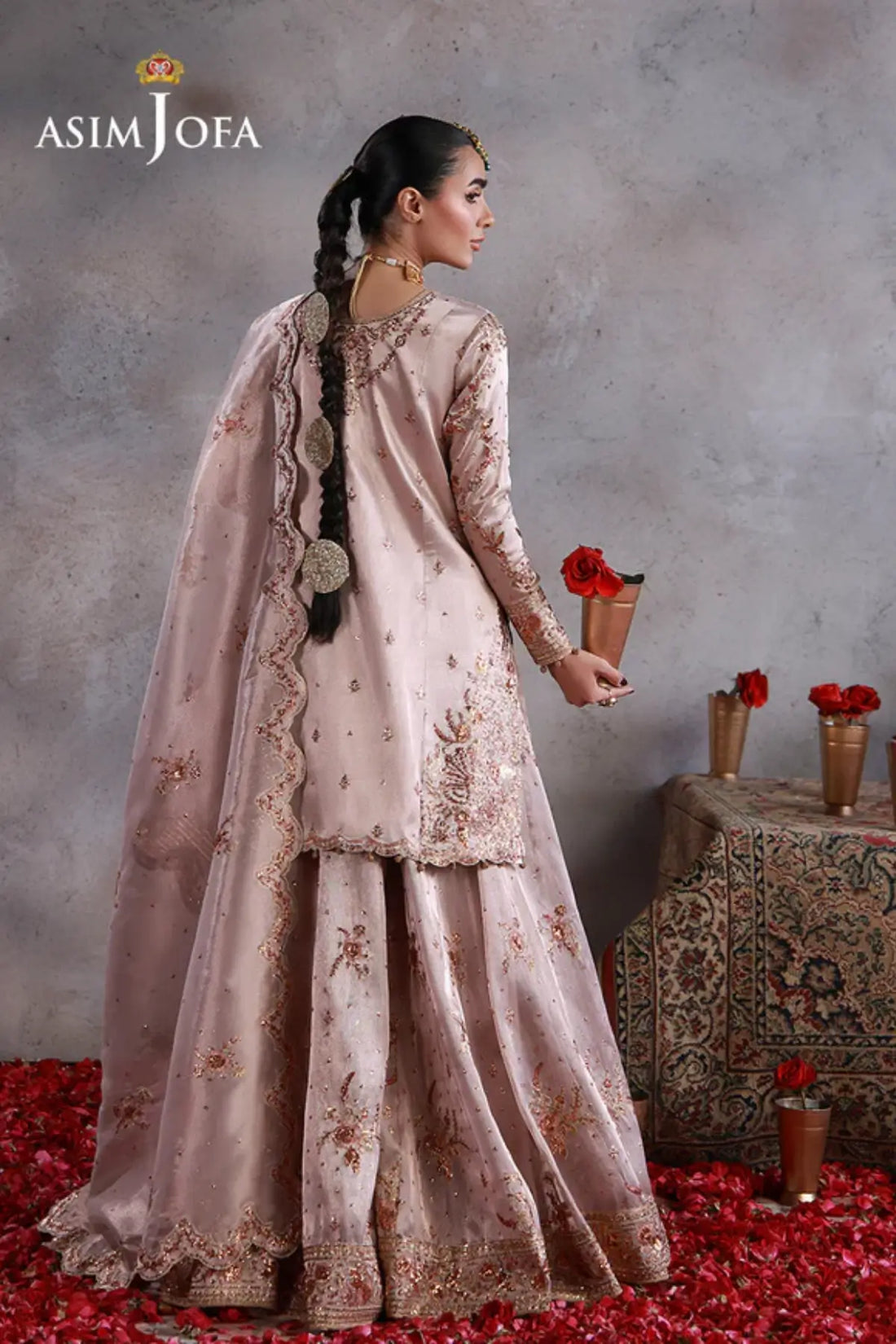 AJULN-15 Asim Jofa Wedding Festive Collection rose gold stitched zari tissue net 3PC suit with scalloped dupatta Pakistanimoda