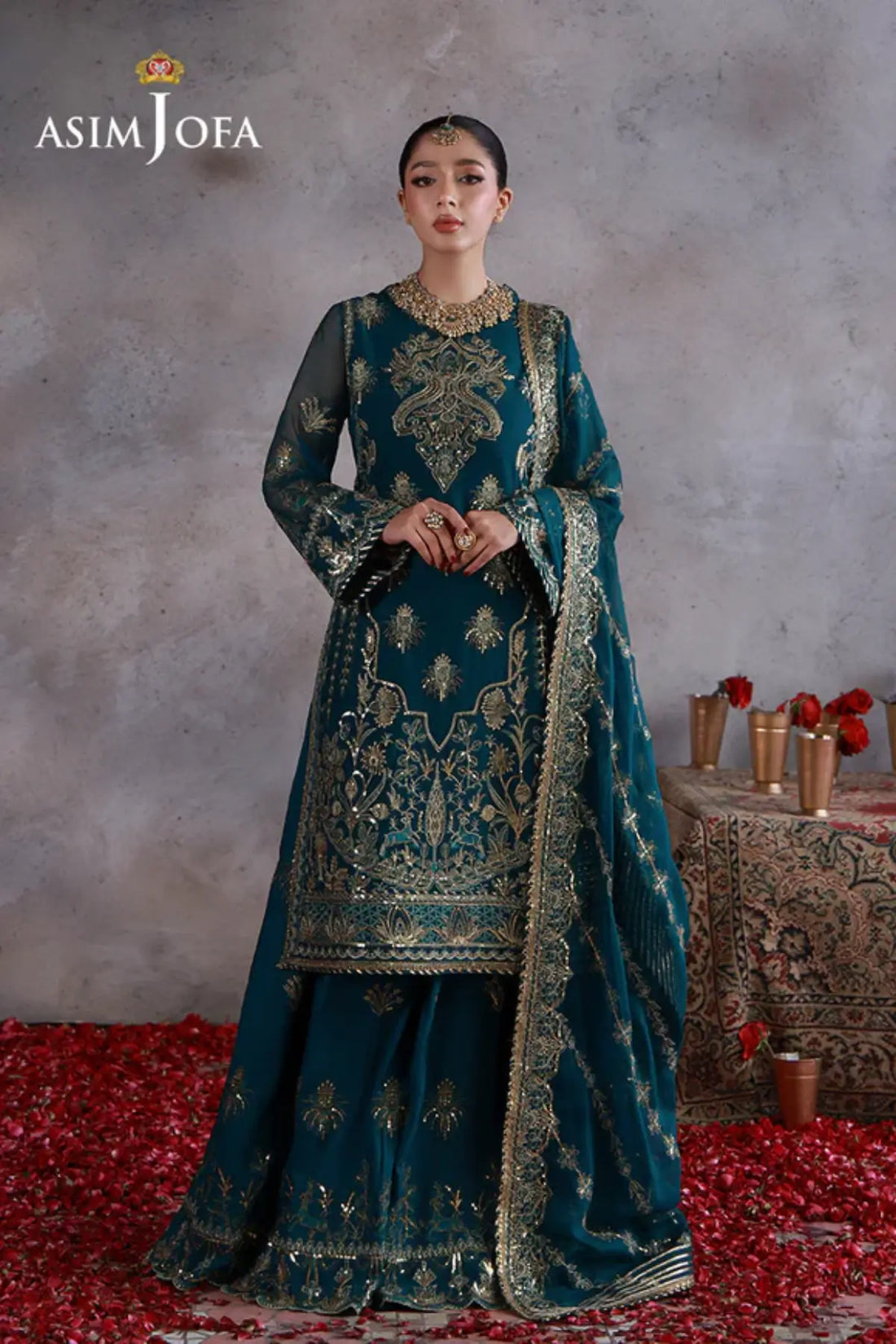 AJULN-16 Asim Jofa Wedding Festive Collection teal stitched chiffon 3PC suit with embroidered dupatta and silk trouser Pakistanimoda