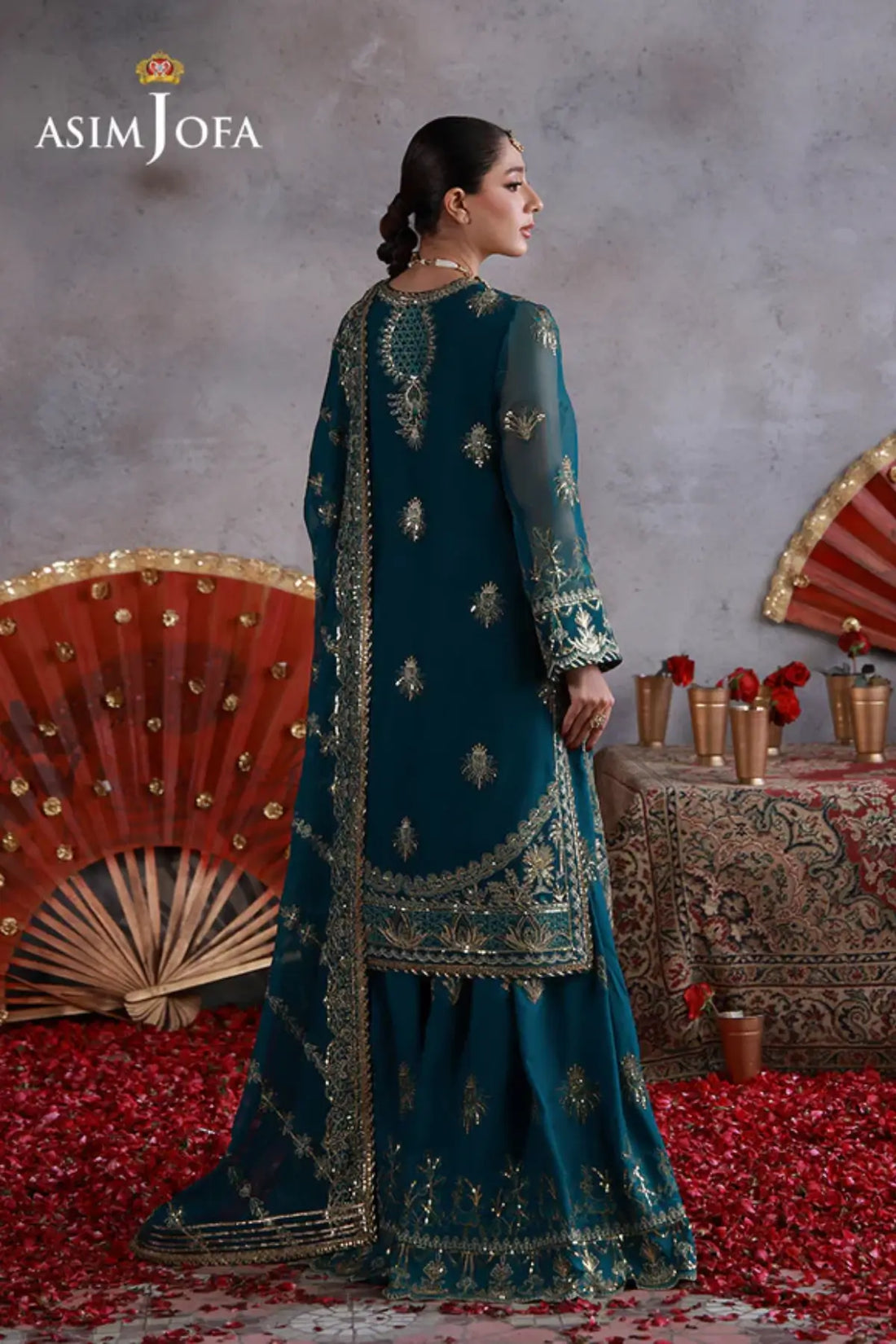 AJULN-16 Asim Jofa Wedding Festive Collection teal stitched chiffon 3PC suit with embroidered dupatta and silk trouser Pakistanimoda