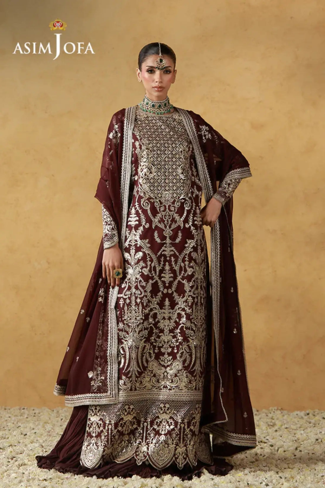 AJULN-17 Asim Jofa Wedding Festive Collection maroon stitched raw silk 3PC suit with chiffon dupatta and raw silk trouser Pakistanimoda