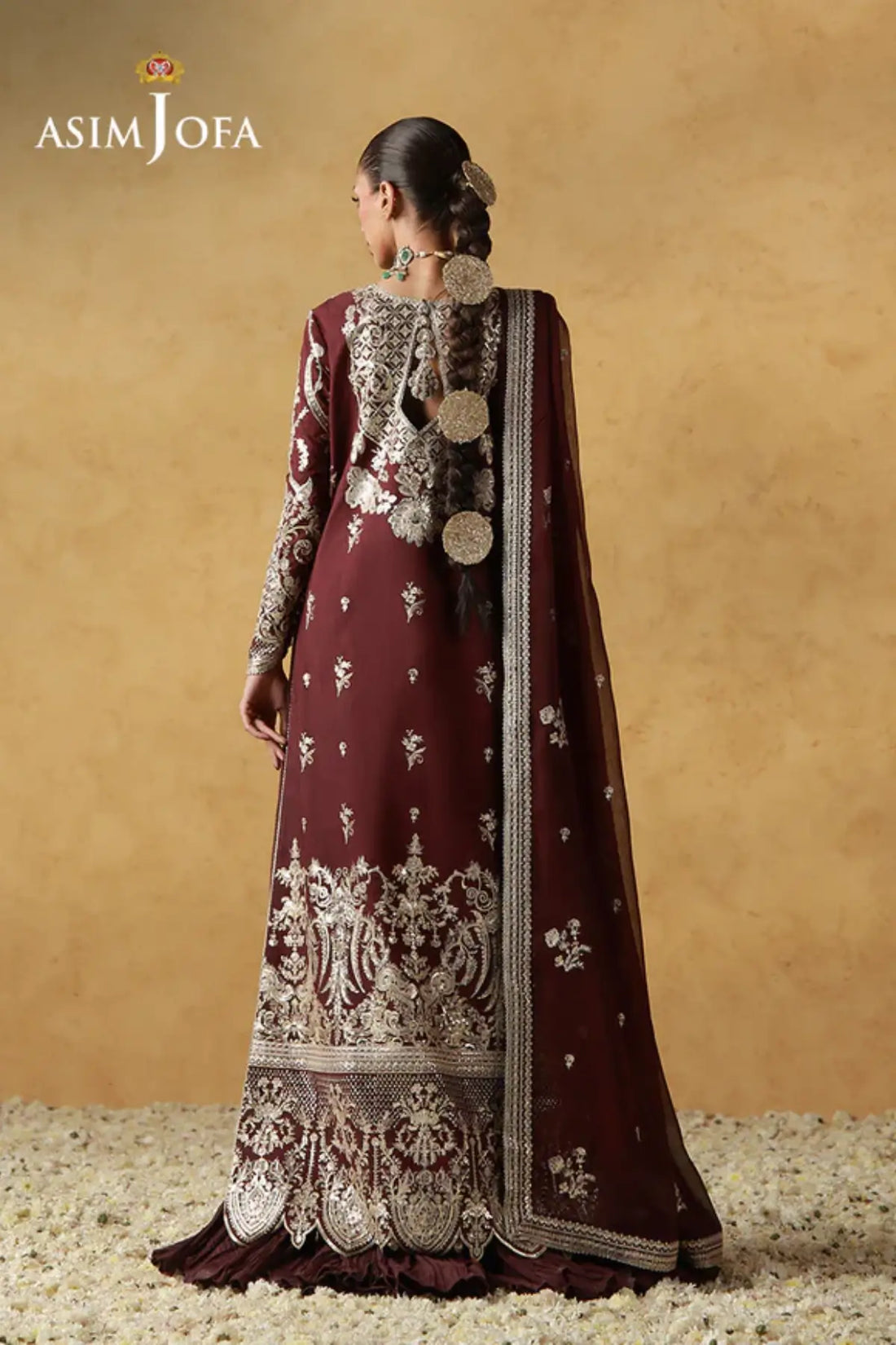 AJULN-17 Asim Jofa Wedding Festive Collection maroon stitched raw silk 3PC suit with chiffon dupatta and raw silk trouser Pakistanimoda