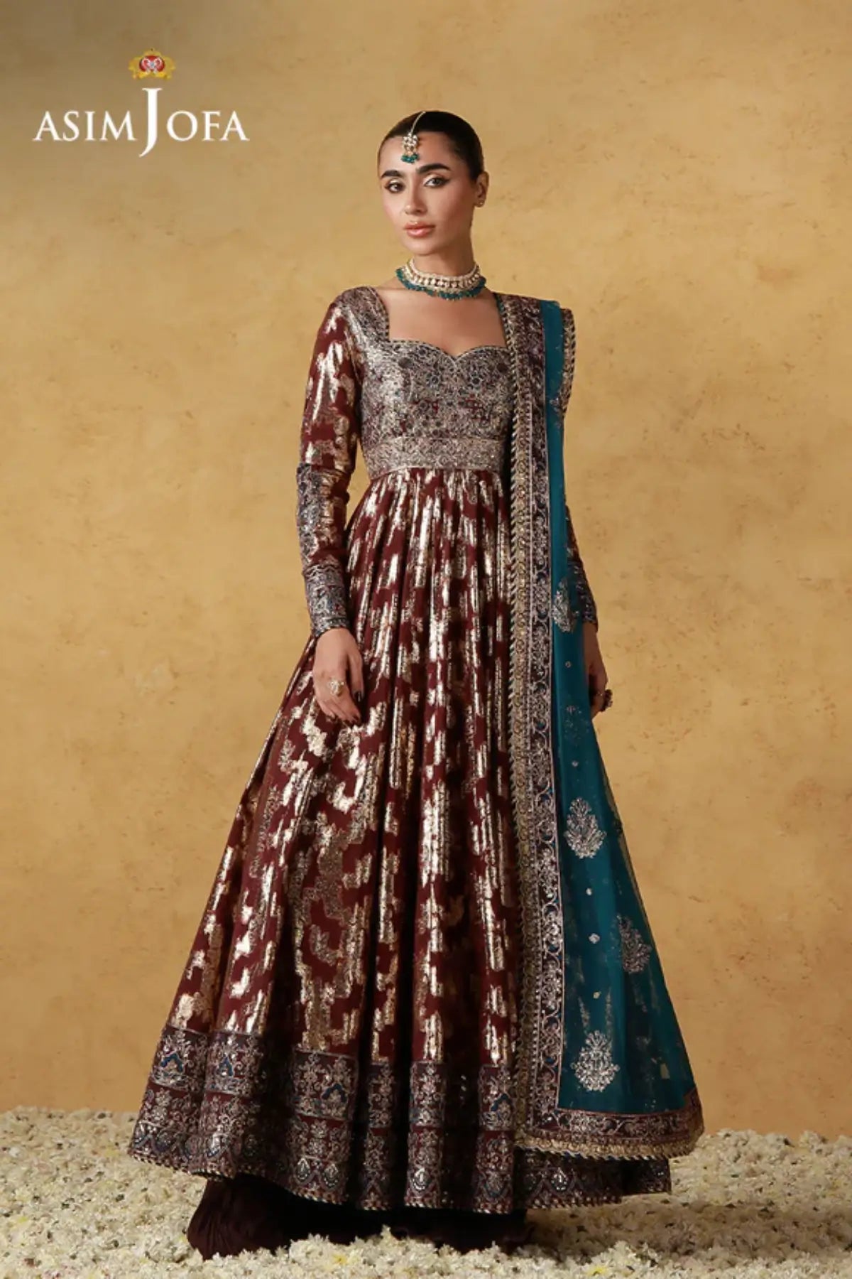 AJULN-18 Asim Jofa Wedding Festive Collection rusty maroon stitched organza 3PC suit with net dupatta and silk trouser Pakistanimoda