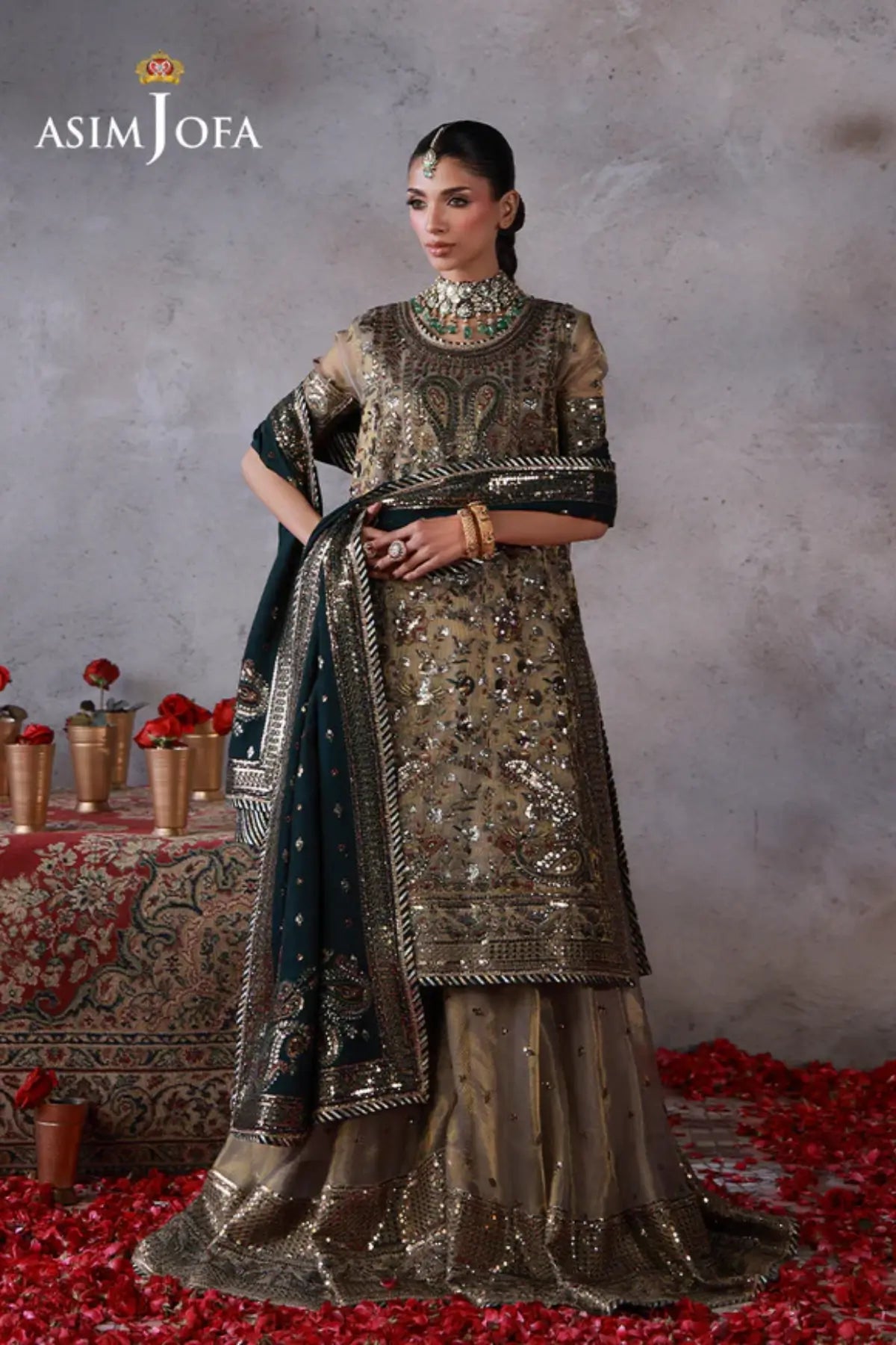 AJULN-19 Asim Jofa Wedding Festive Collection light grey stitched 3PC suit with bottle green dupatta Pakistanimoda
