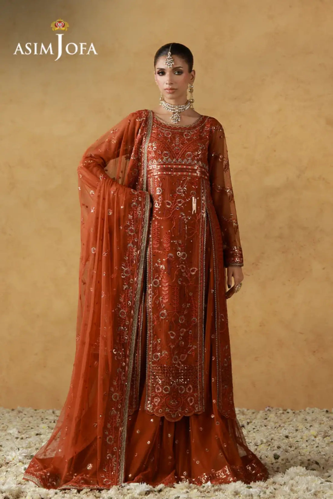 AJULN-20 Asim Jofa Wedding Festive Collection rust stitched net 3PC lehenga outfit with embroidered net dupatta Pakistanimoda