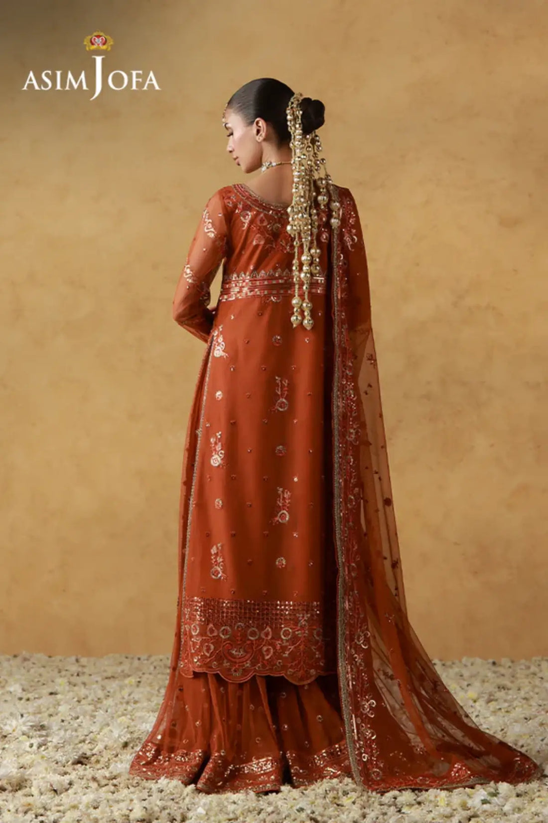 AJULN-20 Asim Jofa Wedding Festive Collection rust stitched net 3PC lehenga outfit with embroidered net dupatta Pakistanimoda