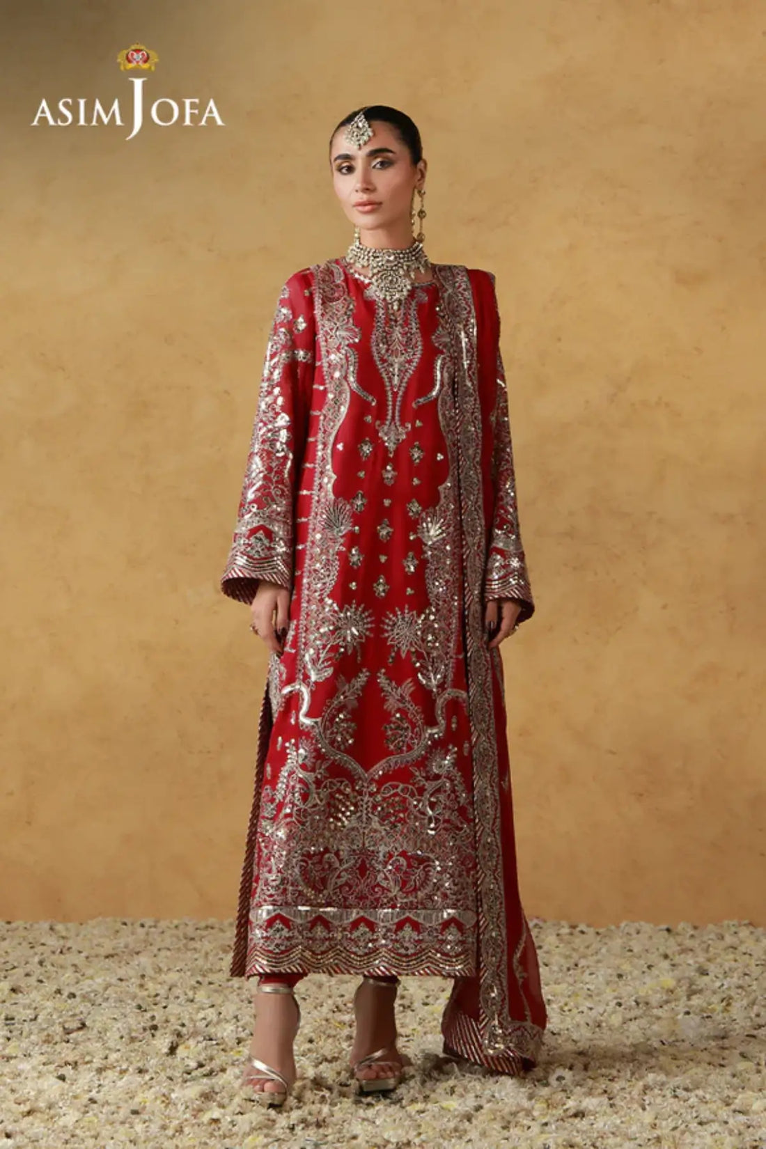 AJULN-21 Asim Jofa Wedding Festive Collection hot pink stitched chiffon 3PC suit with lurex booti trouser and chiffon dupatta Pakistanimoda