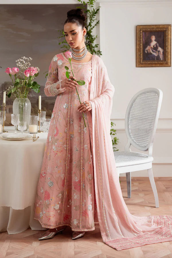 AM-25 stitched Pakistani formal peach pink chiffon suit by Nureh with embroidery and organza detailing – available at Pakistanimoda with worldwide shipping