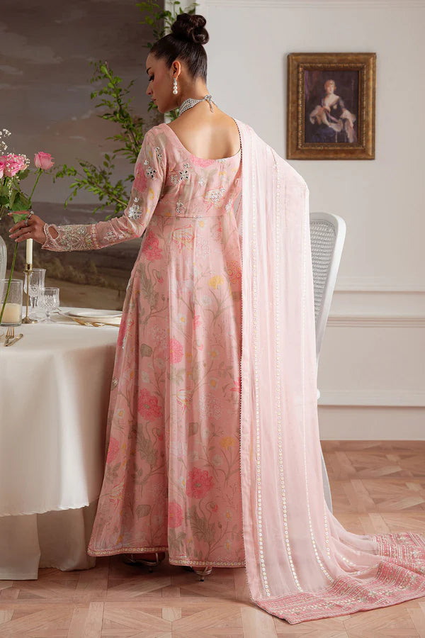 AM-25 stitched Pakistani formal peach pink chiffon suit by Nureh with embroidery and organza detailing – available at Pakistanimoda with worldwide shipping