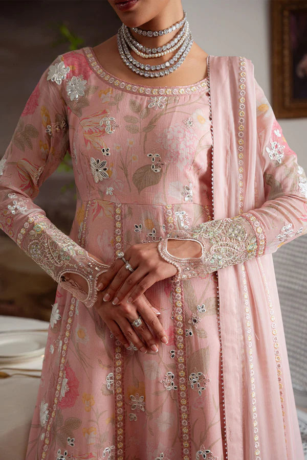 AM-25 stitched Pakistani formal peach pink chiffon suit by Nureh with embroidery and organza detailing – available at Pakistanimoda with worldwide shipping