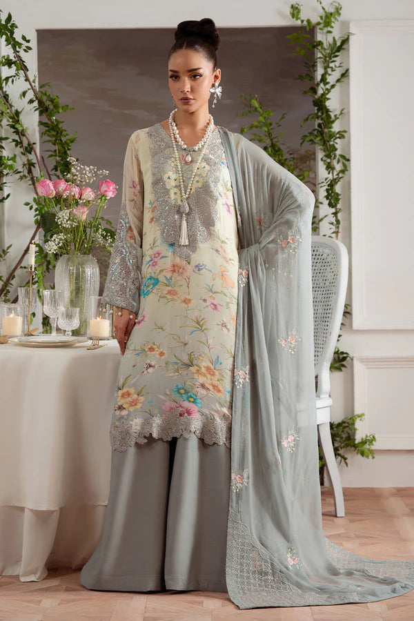 AM-27 stitched grey chiffon suit by Nureh with embroidery and organza patches – perfect for festive wear, now available at Pakistanimoda with global delivery