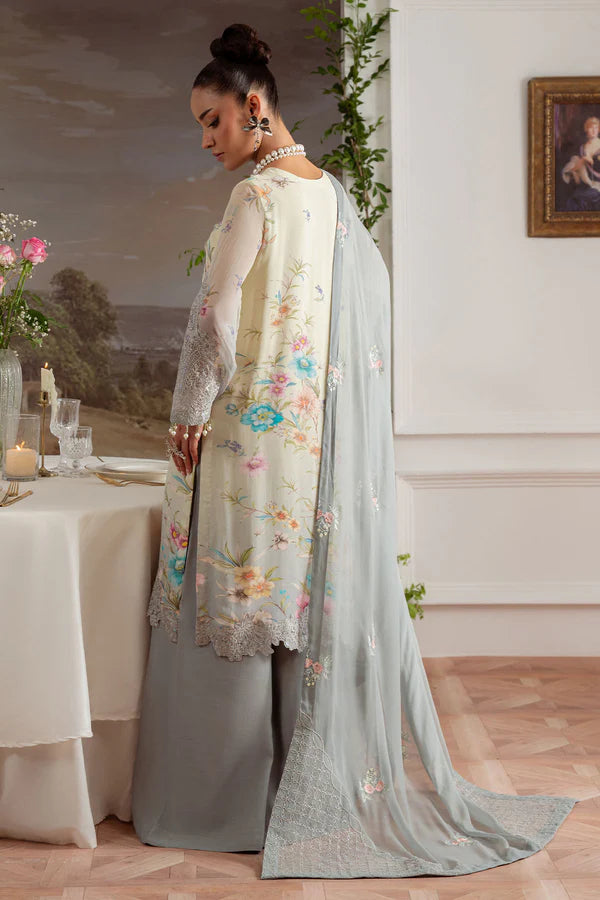 AM-27 stitched grey chiffon suit by Nureh with embroidery and organza patches – perfect for festive wear, now available at Pakistanimoda with global delivery