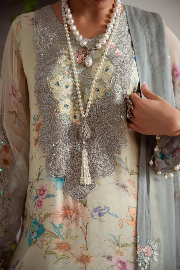 AM-27 stitched grey chiffon suit by Nureh with embroidery and organza patches – perfect for festive wear, now available at Pakistanimoda with global delivery