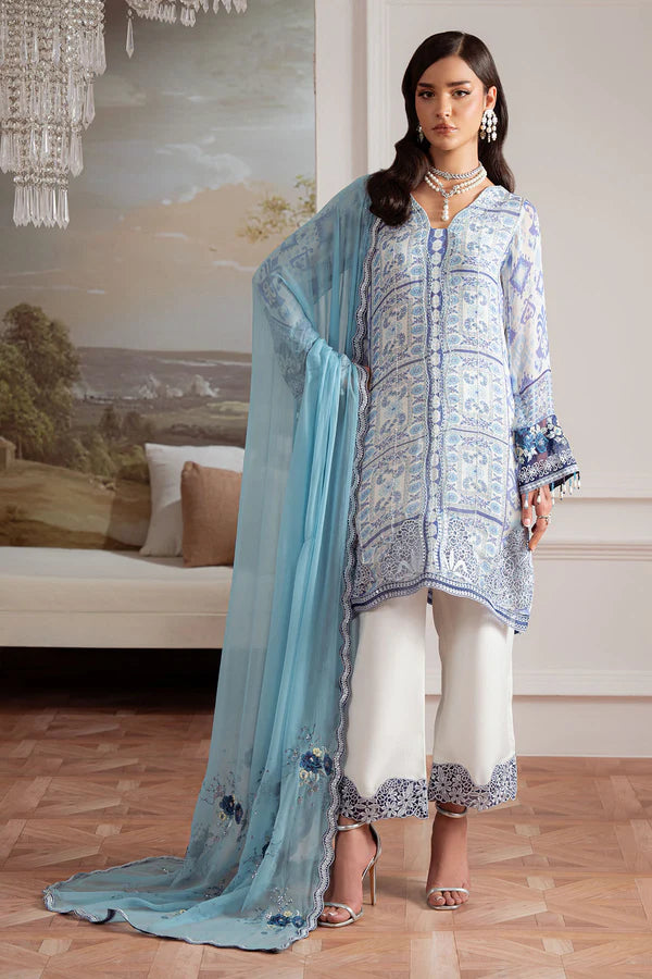 AM-28 stitched off-white chiffon Pakistani dress by Nureh with embroidery and organza details – available at Pakistanimoda with global delivery