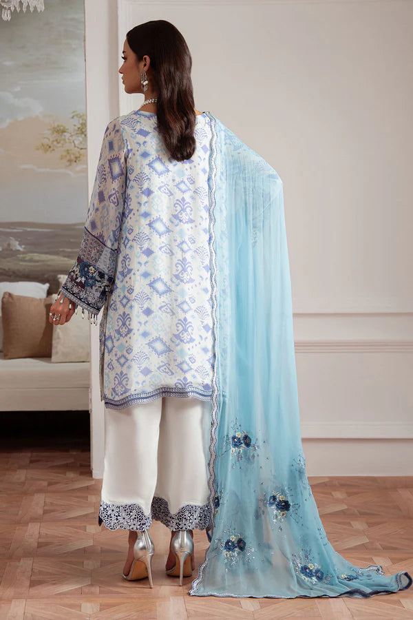 AM-28 stitched off-white chiffon Pakistani dress by Nureh with embroidery and organza details – available at Pakistanimoda with global delivery