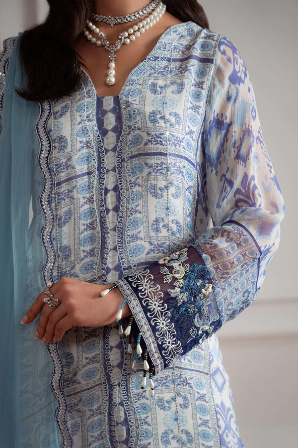 AM-28 stitched off-white chiffon Pakistani dress by Nureh with embroidery and organza details – available at Pakistanimoda with global delivery