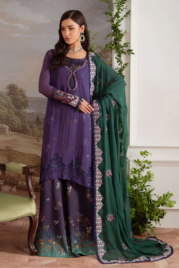 AM-29 stitched deep purple chiffon Pakistani outfit by Nureh with organza embroidery – available at Pakistanimoda with worldwide shipping