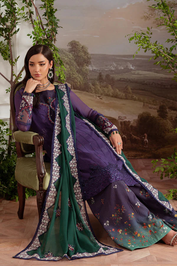 AM-29 stitched deep purple chiffon Pakistani outfit by Nureh with organza embroidery – available at Pakistanimoda with worldwide shipping
