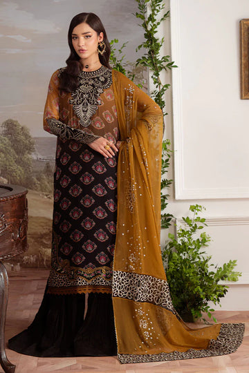 AM-30 stitched black and brown chiffon suit by Nureh with embroidered organza patches – available at Pakistanimoda with worldwide shipping