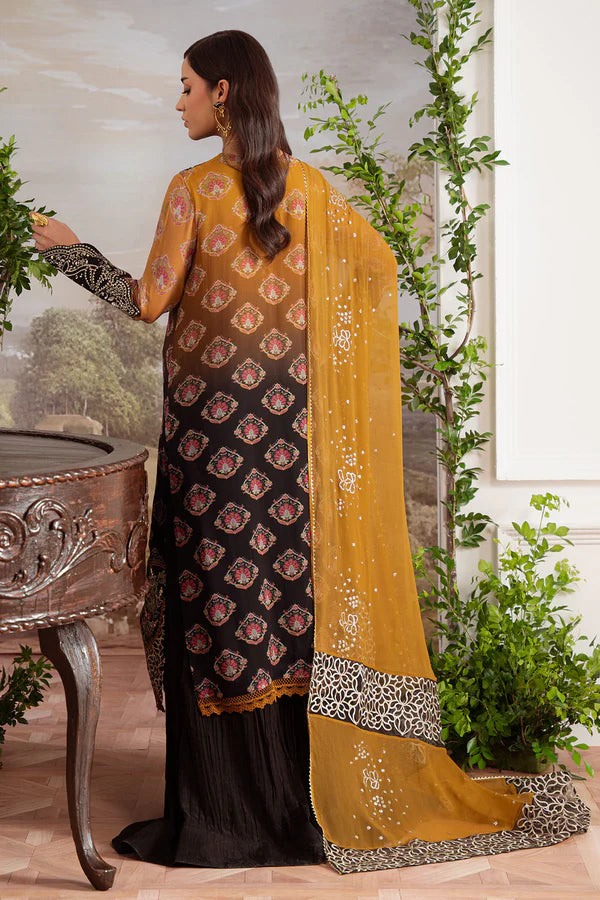 AM-30 stitched black and brown chiffon suit by Nureh with embroidered organza patches – available at Pakistanimoda with worldwide shipping