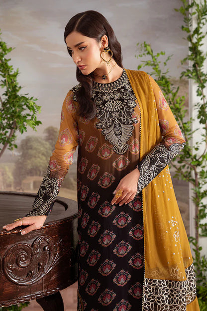 AM-30 stitched black and brown chiffon suit by Nureh with embroidered organza patches – available at Pakistanimoda with worldwide shipping