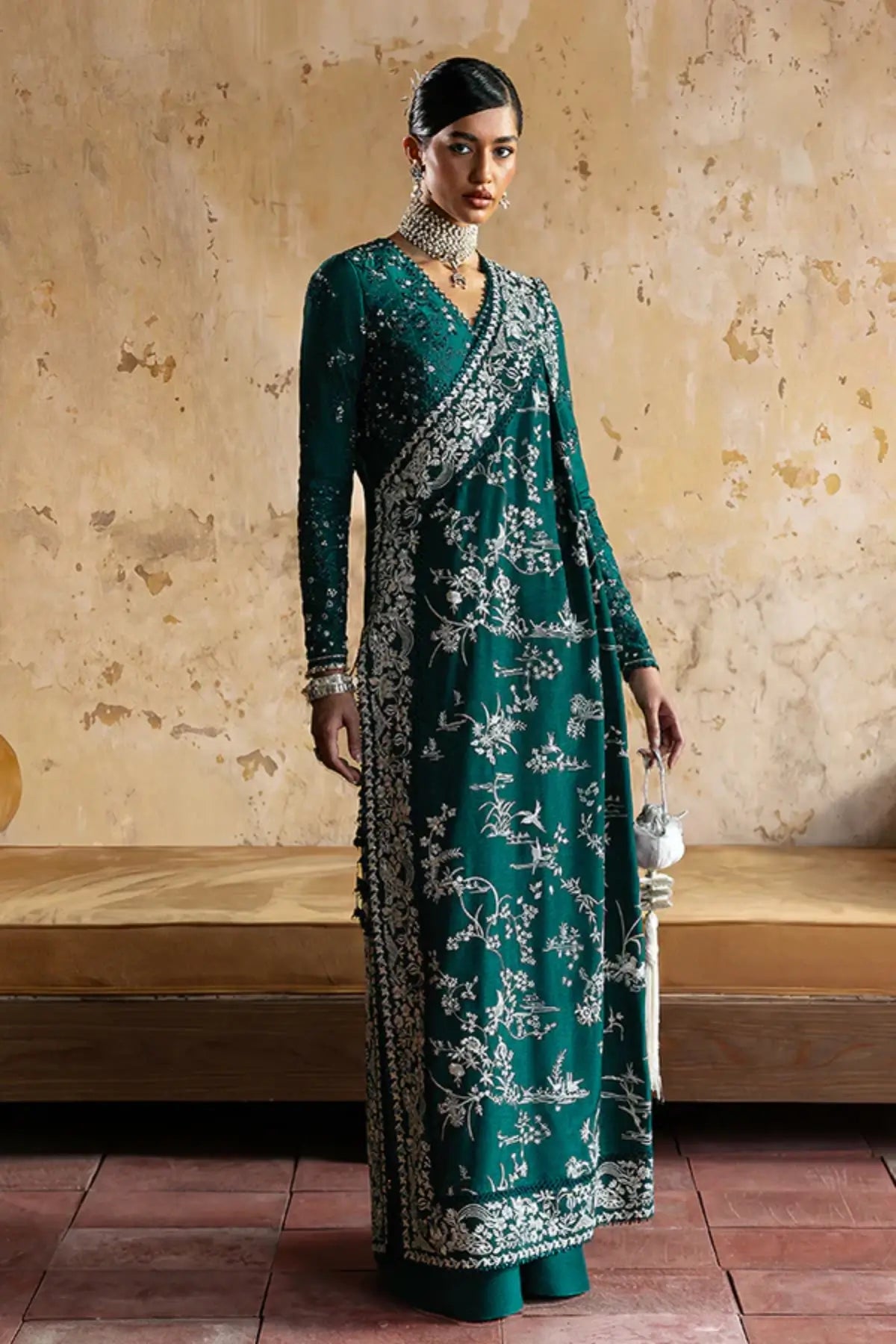 Suffuse AMARIEN teal green silk Eid suit with draped silhouette