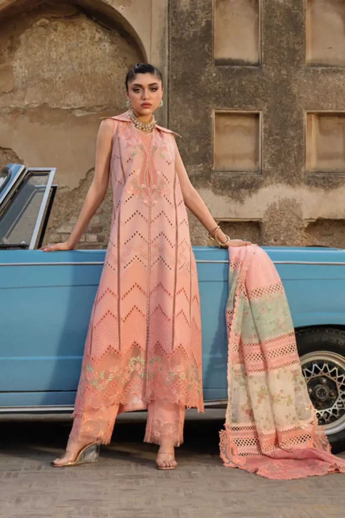 AMBRE 1B peach orange Saira Shakira lawn stitched 3PC suit with monar dupatta