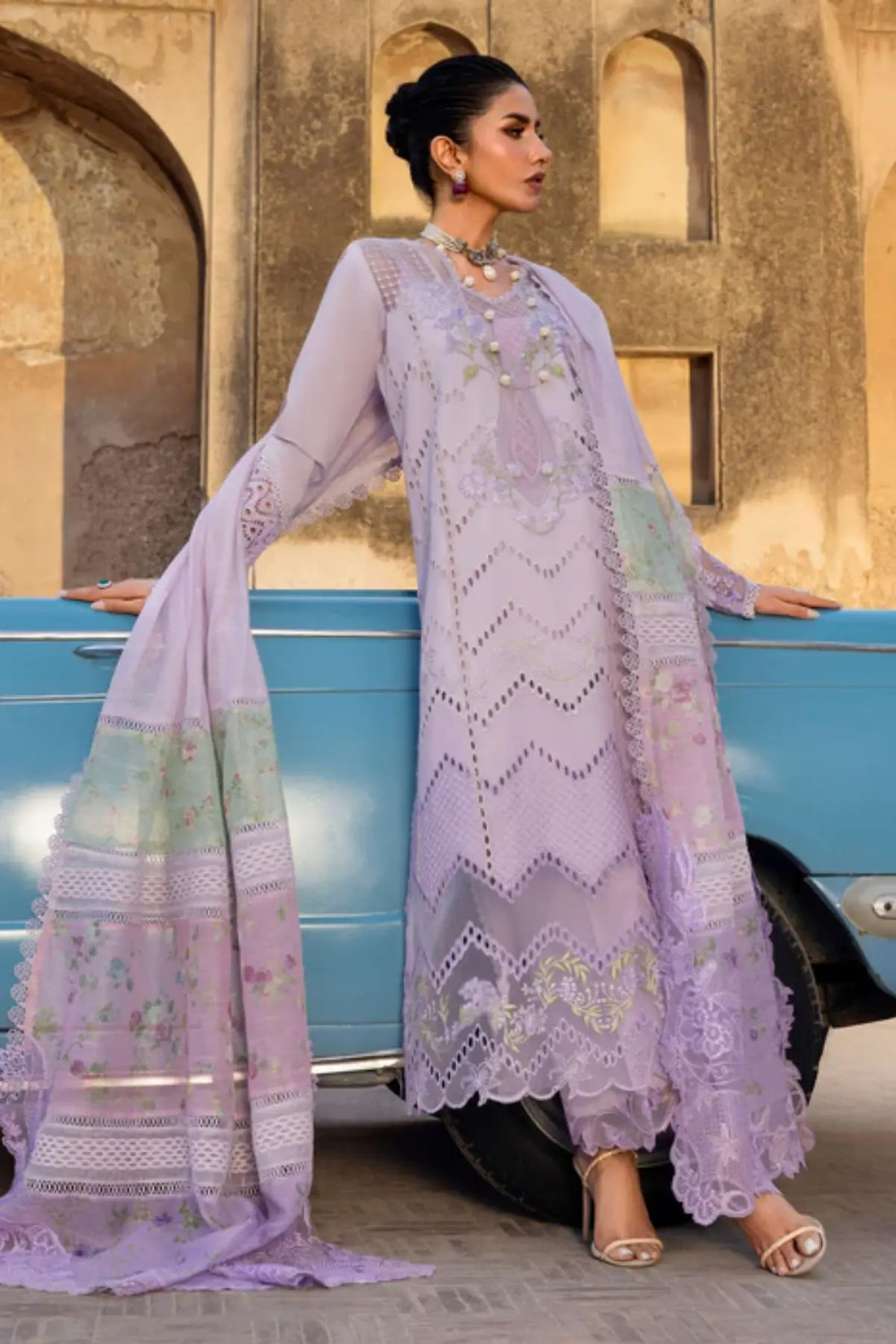 AMBRE 1A lilac Saira Shakira Bloom lawn stitched 3PC suit with monar dupatta